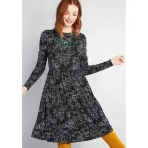 ModCloth,Yours Truly Black/blue Floral Ultra soft  long sleeve dress